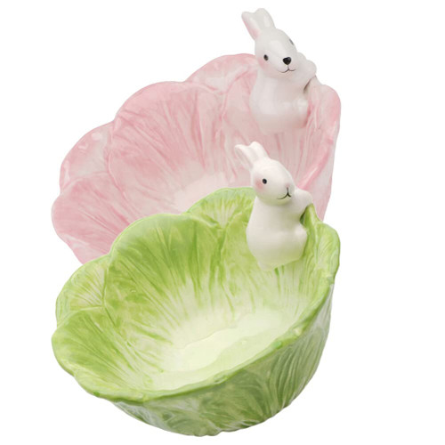 DOITOOL 2Pcs Easter Bunny Candy Bowl Ceramic Easter Rabbit Candy Dish Cabbage Shaped Fruit Salad Dessert Bowl Snack Serving Bowl Easter Rabbit Home Decoration (Pink, Green)