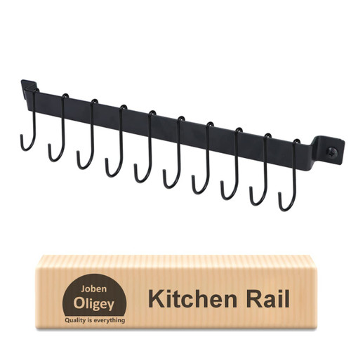 Utensil Holder, Kitchen Rail with 10 Hooks, Kitchen Pots Pans Organizer Hanger, Wall Mounted Wrought Iron Hanging Utensil Holder Rack with Black 17 Inch for Coffee Mug Rack Cup Hanging Kitchen Black
