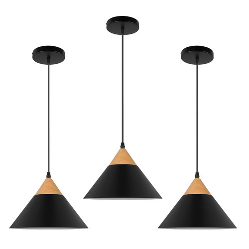 KIGHSIN Black Industrial Farmhouse Pendant Light for Kitchen Island, Vintage Wood Grain Cone Barn Metal Shade Hanging Ceiling Light for Dining Room Living Room Hallway (3 Pack) KIGHSIN Black Industrial Farmhouse Pendant Light for Kitchen Island, Vintage Wood Grain Cone Barn Metal Shade Hanging Ceiling Light for Dining Room Living Room Hallway (3 Pack)