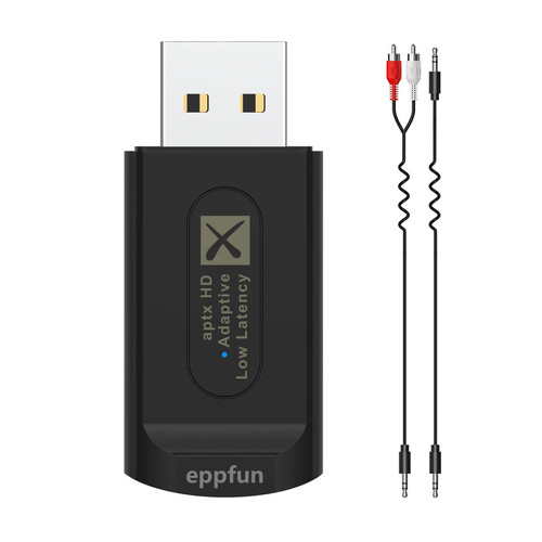 eppfun USB Bluetooth 5.2 Transmitter for TV/PC/Mac/PS4, Dual Connection Audio Dongle Adapter with 3.5mm Aux, Qualcomm aptX-Adaptive HD Low Latency Connecting Headphones/Earbuds (Audio Only)