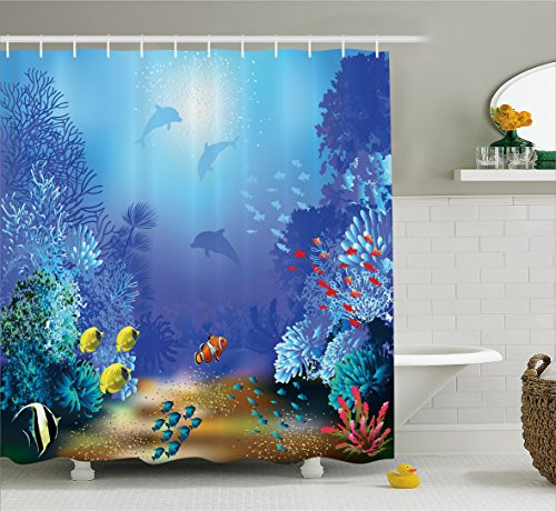 Ocean Animal Decor Shower Curtain by Ambesonne, Underwater Coral Reef Polyps Algae Dolphins and Goldfishes Bubbles Deep Print, Fabric Bathroom Decor Set with Hooks, 84 Inches Extra Long, Blue