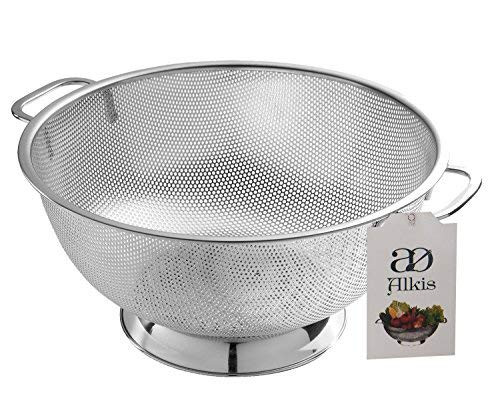 Stainless Steel Colander Strainer Sieve for Kitchen-Alkis Rice Collander Sieves Washer with Handles & Solid Base-Fine Mesh Colanders Food Strainers Lentil Pasta-Dishwasher, USCO 001, 28.2x22.5x11cm