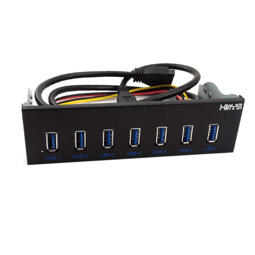 XinYS USB 3.0 7-Ports 5.25 inch Metal Front Panel USB Hub with 15 Pin SATA Power Connector [ 20 Pin Connector & 2ft Adapter Cable]
