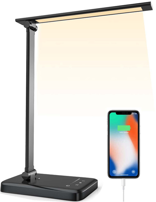 WEIDUOYI LED Desk Lamp Dimmable Home Office Lamp with USB Charging Port Reading Light Table Desk Lamps, Eye-Caring Table Lamp 45mins Timer Desk Light for Working and Reading Black