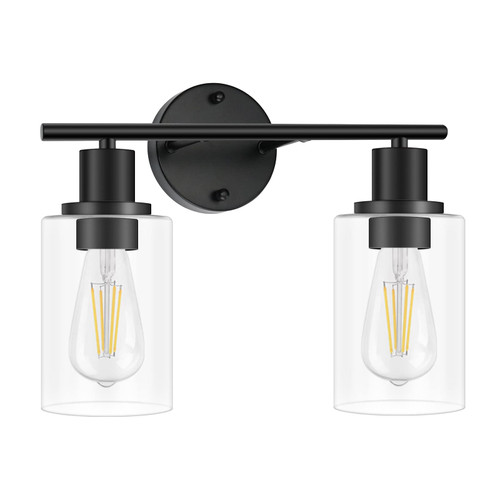 GORDNWE Bathroom Light Fixtures, 2 Light Matte Black Vanity Lights, Farmhouse Wall Sconces with Clear Glass Shade and E26 Bulb Base, Modern Sconces Wall Lighting Fixtures for Mirror, Bathroom Vanity
