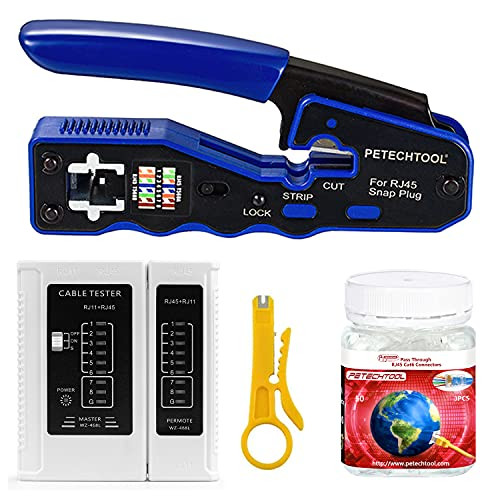 PETECHTOOL RJ45 Crimp Tool All-in-one Crimping tool Ethernet Wire Crimper Stripper Cutter for Cat5e Cat6 Cat6a Pass Through Connectors with 50pcs Cat6 Connectors and 1Pc cable tester and stripper