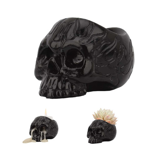Skull Candle Holder, Gothic Decor Skeleton Skull Candlestick Holder Tealight Cup Resin Candlestick Crafts for Party Halloween Christmas Spooky Bar Home Decoration (Small)