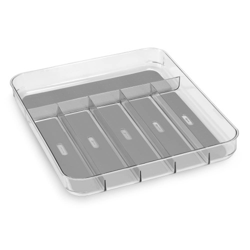 madesmart Premium Antimicrobial Clear Soft Grip Large Silverware Tray, Non-Slip Kitchen Drawer Organizer, 6 Compartments, Multi-Purpose Home Organization, EPA Certified, Light Grey