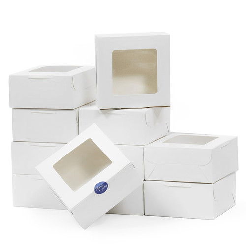 Feelfine 30pcs Cake Boxes 6x6x3 Inches White Bakery Boxes with Window Small Pastry Boxes Cookie Boxes Dessert Boxes for Cookies, Strawberries, Cupcakes, Pastries, Donuts