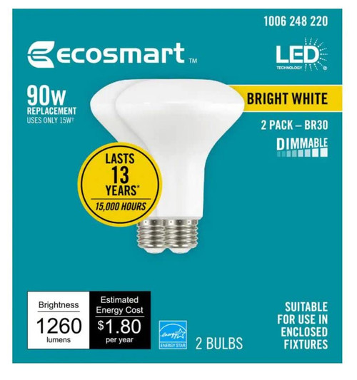 EcoSmart Bulbs EcoSmart 90-Watt Equivalent BR30 Dimmable Energy Star LED Light Bulb in Bright White (2-Pack)