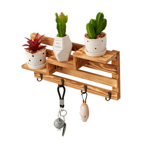 Coral Flower Wall Mounted Mail Holder Wooden Mail Sorter Organizer with 4 Double Key Hooks and A Floating Shelf Rustic Home Decor for Entryway or Mudroom