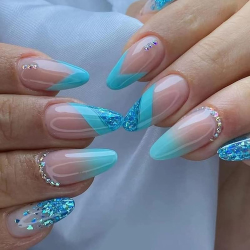 Pikabows Press On Nails Long Almond Nude Blue Rhinestone French Tip Fake Nails Acrylic False Nail Tips Kit Glue on Nails for Women 24PCS