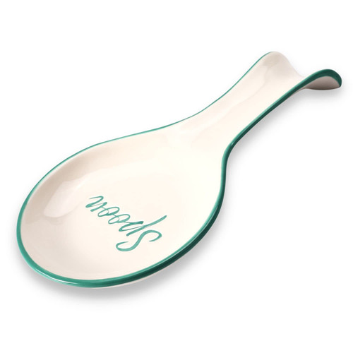 VUDECO Green Ceramic Spoon Rest for Stove Top - White Spoon Rest For Kitchen Counter - Spanish Ceramic Spoon Rests for Cooking - Large Farmhouse Spoon Rest Ceramic - Utensil Coffee Spoon Holder Rest