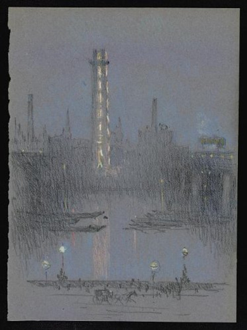 HistoricalFindings Photo: Shot Tower,Night Lights,Embankment,London,England,Joseph Pennell,c1900