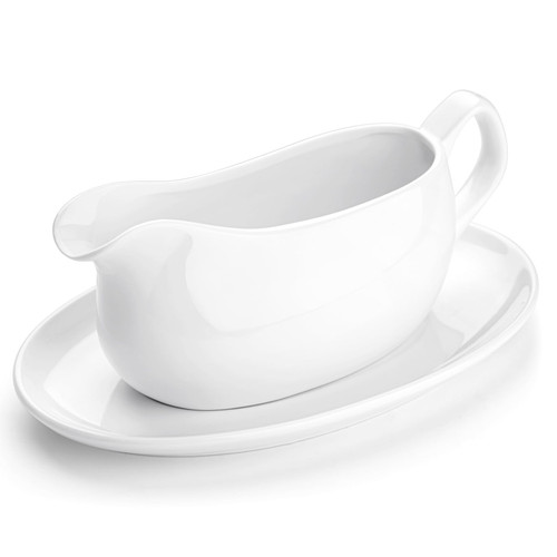 Nucookery Large 17 Oz Gravy Boat and Tray | Ergonomic Handle | White Fine Porcelain Saucier With Big Dripless Lip Spout For Gravy, Warming Sauces, Salad Dressings, Milk | Microwave & Freezer Safe