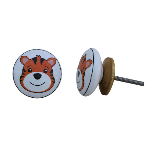 Indian Shelf 4 Pack Knobs and Pulls | Multicolor Drawer Knobs | Tiger Face Flat Fauna Cabinet Pulls | Ceramic Antique Drawer knobs | Knobs for Cabinet | Kids Drawer Knobs | Kids Knobs