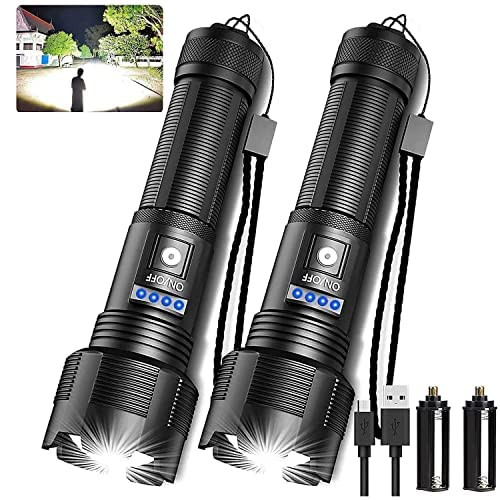 Hoxida Rechargeable LED Tactical FLashlights High Lumens, 10000 Lumens XHP50 Super Bright LED Flashlight, Zoomable, IPX6 Waterproof, 5Modes, Powerful Handheld Flashlight for Camping, 2PCS