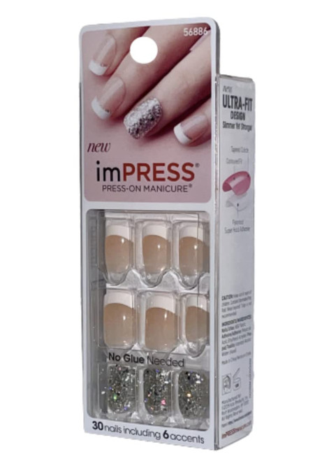 Kiss ImPress Press-On French Manicure Short Length Nails BIPD010TW Rock It (Plain French Manicure & Silver Glitter Accent Nails)
