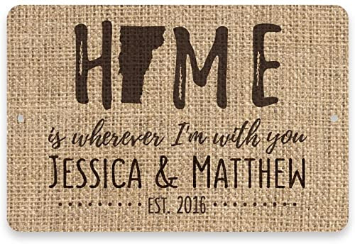 Pattern Pop Personalized Burlap Vermont Home is Wherever I'm with You Metal Room Sign (11x14 Inches)