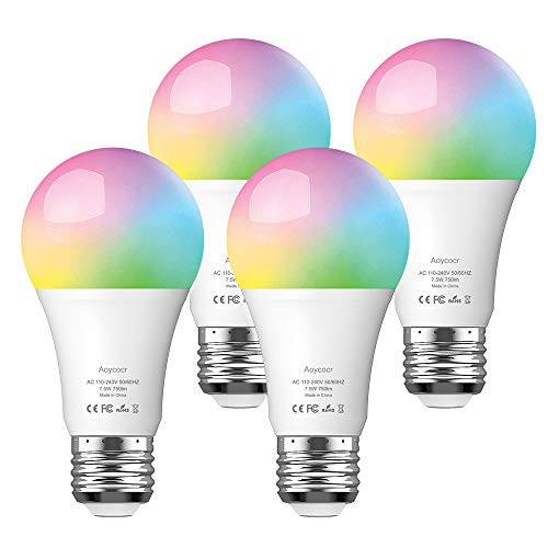 Aoycocr Smart Bulb, Dimmable E26 LED Light Bulb Compatible with Amazon Alexa Google Home Assistant and IFTTT, No Hub Require, Wi-Fi, 75W Equivalent, A19 RGB Multicolor Bulb 7.5W, 4 Pack