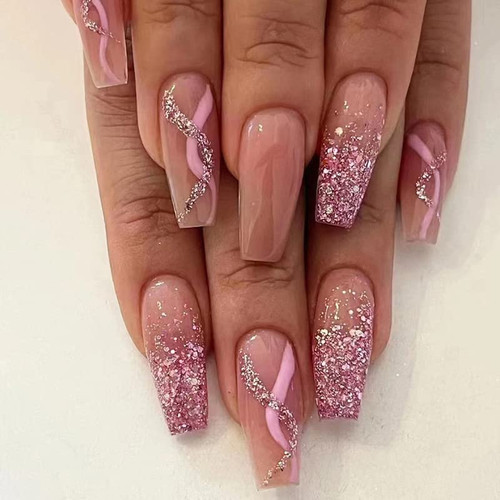 Pikabows Press On Nails Medium Coffin Fake Nails Acrylic French Tip Pink Swirl Nude Glitter False Nail Tips Kit Glue on Nails for Women 24PCS