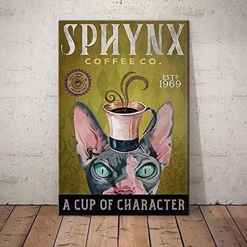Cat Metal Tin Sign Sphynx Coffee Co. A Cup Of Character Funny Poster Restaurant Cafe Living Room Kitchen Bathroom Home Art Wall Decoration Plaque