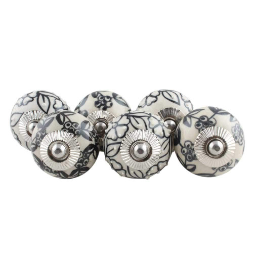 Indian Shelf Pack of 6 Black and White Cabinet Knobs- Ceramic Dresser Knobs- Round Drawer Knobs- Floral Kitchen Cabinet Knobs- Drawer Pulls- Cabinet Door Knobs and Pulls- Bar Cabinet Pulls