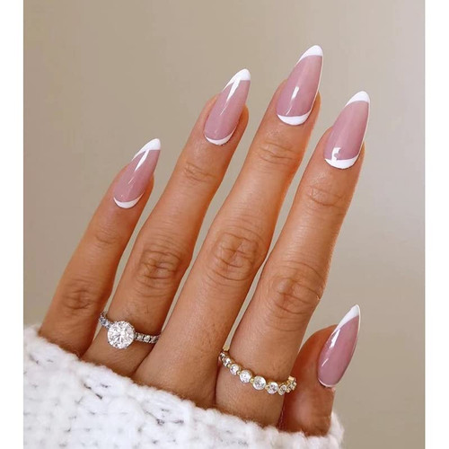 Pikabows Press On Nails Long Almond Pink Swirl Natural French Tip Fake Nails Acrylic False Nail Tips Kit Glue on Nails for Women 24PCS