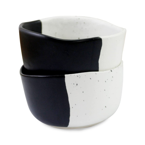 roro Ceramic Stoneware Black White Speckled White Two-Tone Rice and Miso Soup Bowls, 6 Inch x 2