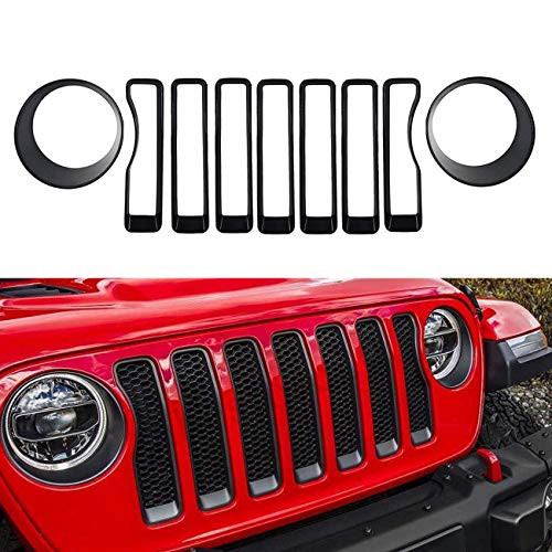 Airain Front Grille Grill Inserts & Headlight Covers Trim for 2018 2019 Jeep Wrangler JL JLU Sport/Sports,Gloss Black