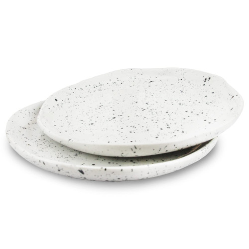 roro 7 Inch Ceramic Stoneware Spotted Speckled Glossy White with Black Appetizer dishes | Salad Plates, Set of 2