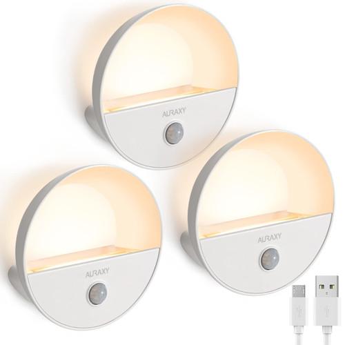 AURAXY Rechargeable Battery Night Light, Motion Sensor Night Light, LED Warm White Magnetic Stick-on Motion Sensored Hallway Light, with Dusk to Dawn Sensor for Stairs, Wall, Closet, Cabinet (3 Pack)