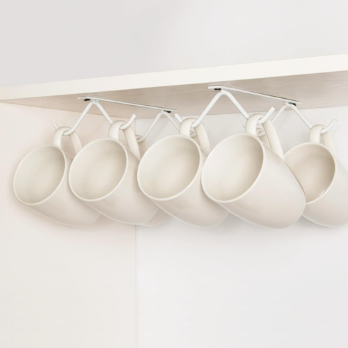 Cabinet Hook Mug Holder - Hanging Coffee Cup Rack for Kitchen, Under Cabinets Metal Hangers Organizer Shelf Storage Utensil (White)