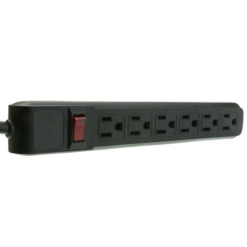 15 feet Surge Protector, Flat Rotating Plug, 6 Outlet, Black Horizontal Outlets, Plastic, 15ft Power Cord, Surge Protector Multi Plug, CableWholesale