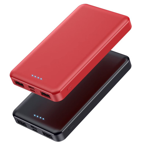 [2 Pack] Portable Charger Power Bank 10000mAh,Ultra Slim Compact External Battery Pack with USB C Input & Dual USB Outputs Backup Charger Compatible with iPhone 13,12, Samsung S20,Tablet-Black+Red