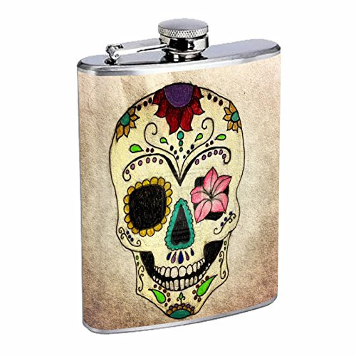 Sugar Skull Hip Flask D10 8oz Stainless Steel for Men and Women Day of the Dead Dia De Los Muertos Mexican Folk Art