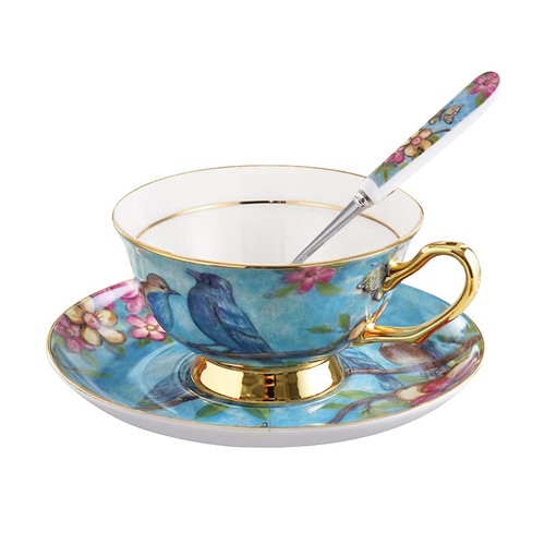 Pfedxoon Bone China Blue Bird Tea Cup with Saucer Spoon 3 Piece Set?7oz? Cappuccino Cups, Coffee Cups, Tea Cup Set, British Coffee Cups, Porcelain Tea Set, Latte Cups, Mother's Day Gift