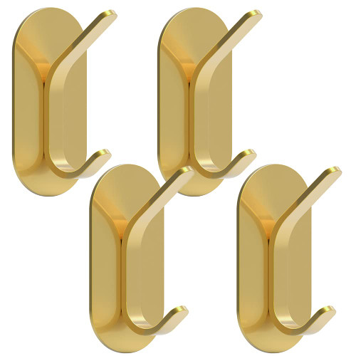 Adhesive Hooks Stick On Hooks - Stainless Steel Waterproof Wall Hangers Heavy Duty Hooks for Hanging Coat/Hat/Towel/Robe/Bathroom Hooks/4 Packs Gold