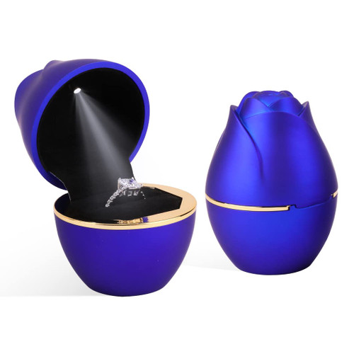 Rolin Roly Royal Blue Ring Box with LED Light Rose Jewelry Ring Case Jewellry Display Gift Boxes for Wedding Ring Box Ceremony Engagement Proposal Anniversary