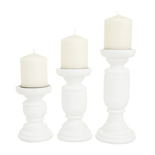 Deco 79 Mango Wood Turned Style Pillar Candle Holder, Set of 3 10", 8", 6"H, White