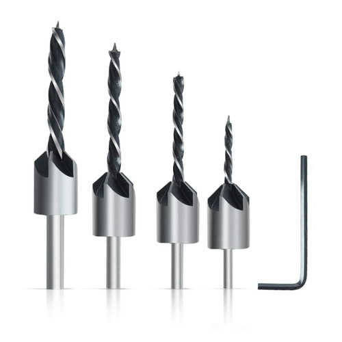 HOHXEN 4pcs Countersink Drill Bits with HSS Drill Bits and Steel 45 Chamfers for Screw Countersinking in Woodworking Project