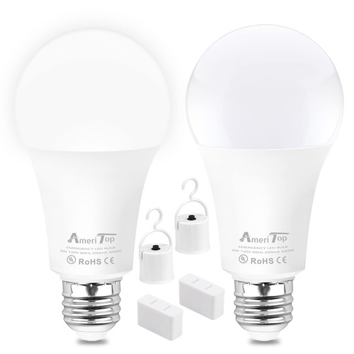 AmeriTop Rechargeable Emergency LED Light Bulb - 2 Pack A19 Battery LED Bulbs for Power Outage Camping Outdoor Activity Hurricane 850 Lm 9W 60W Equivalent E26 Base Lighting Bulb (5000K Daylight)