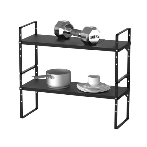 GNEOUS Greal Expandable Kitchen Shelves Organizer Adjustable Cabinet Shelf Spice Rack Countertop Organizer for Kitchen Pantry Bathroom Bedroom Office, Black,Set of 2