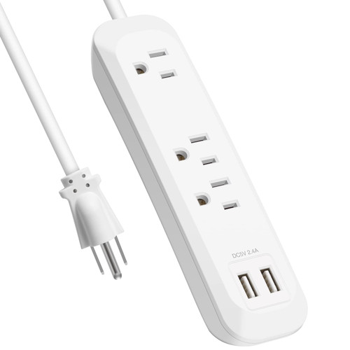 Power Strip Surge Protector with USB Ports, White Extension Cord 6 Feet 3 Prong, 3 outlets, 2 USB Ports, 1250W/10A, Wall Mountable, Plug Strip Surge Protector 300J for Home Office, SGS Approved