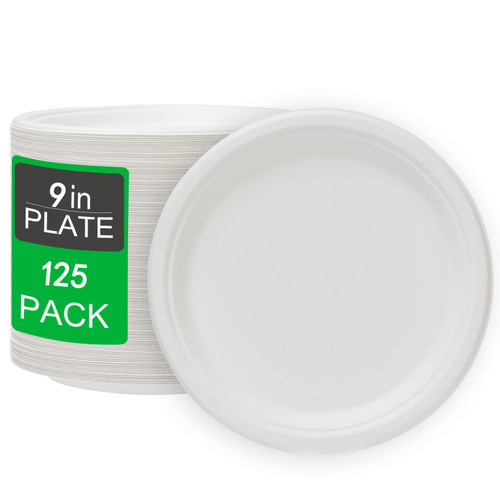 Paper Plates 9 Inch [125 Count], 100% Compostable Disposable Plates Heavy Duty, Made of Bagasse Biodegradable Eco-Friendly Paper Plates Bulk for Party, Wedding, Dinner, BBQ (White)