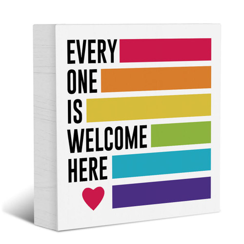 Inspirational Quote Multicultural Wood Box Sign, Every One is Welcome Here Wood Box Sign Block Plaque, Home Office Classroom Desk Shelf Sign Decoration 5 X 5 Inches