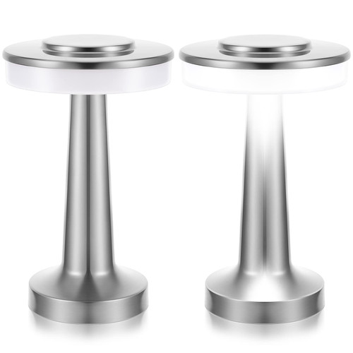 Set of 2 LED Portable Metal Table Lamp with Touch Sensor 3 Color Stepless Dimming Nightstand Desk Lamp Rechargeable Battery up to 15 Hours Cordless Lamp Table Light Wireless Lamp for Kids (Silver)