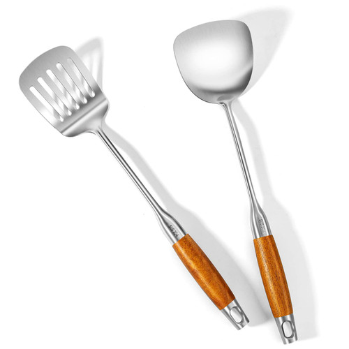 KLAQQED 2Pcs Wok Spatula Stainless Steel set, Stainless Steel Metal Wok Spatulas Utensils set for Cooking,Wide Long Wood Handle Wok Spatula Utensils, Hollow Slotted Wok Spatula