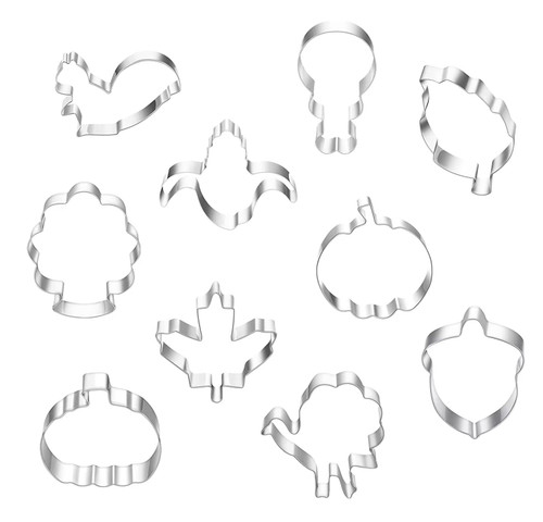 DORART Fall Thanksgiving Cookie Molds Cutters Set - 10PCS Thanksgiving Autumn Season Cookie Molds Stainless Steel - Pumpkin, Turkey, Maple Leaf, Oak Leaf, Turkey Leg, Squirrel, Acorn and Corn Cutters