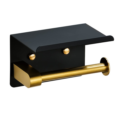 POOVIYER Toilet Paper Holder, Black Gold Toilet Paper Holder with Phone Shelf, 304 Stainless Steel Adhesive Tissue Roll Holder with Screws, for Bathroom Washroom